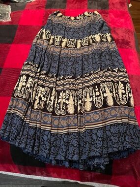 Boho A-Line Maxi Skirt in Blue and Black with Cream Motifs